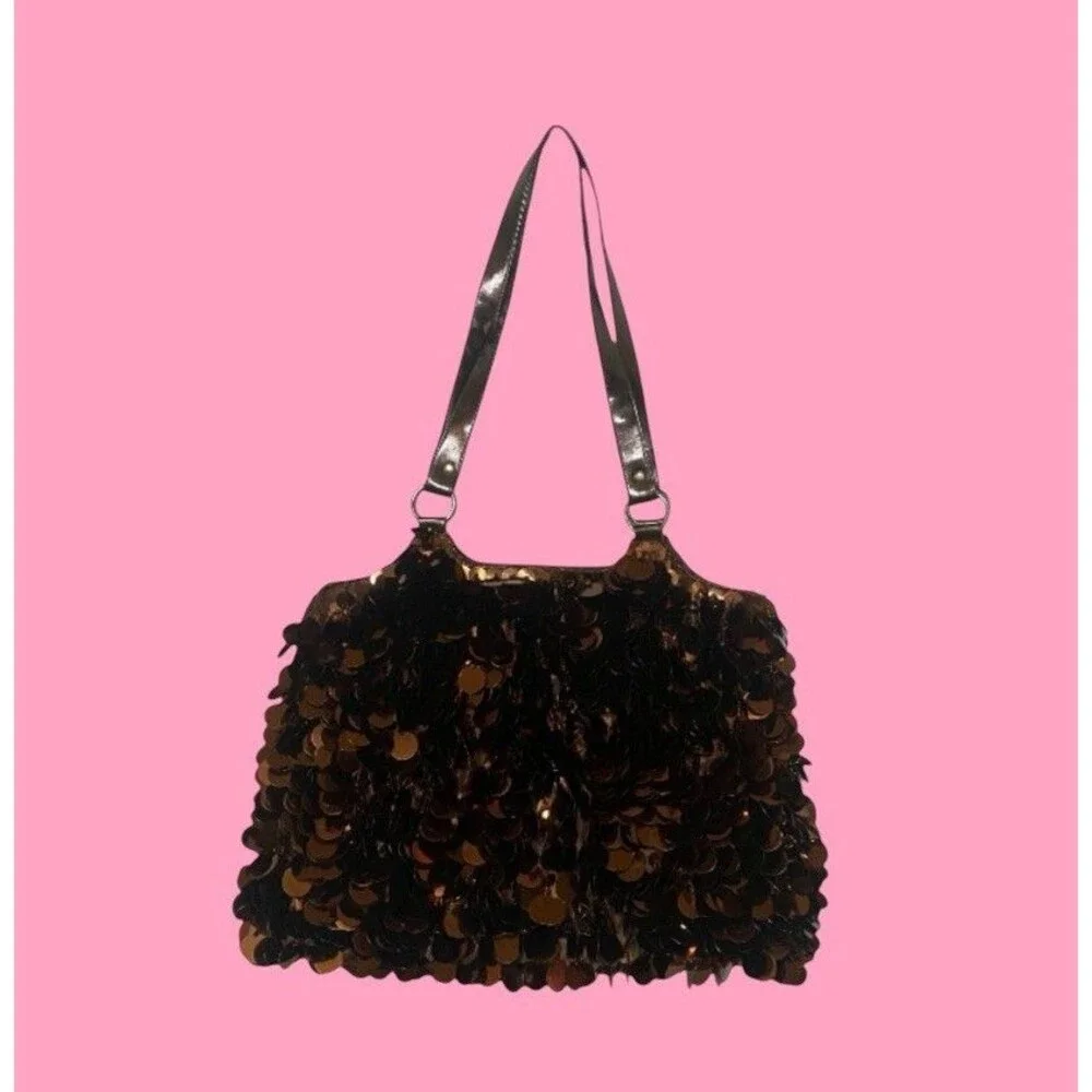 Y2K 2000s Brown Sequin Beaded Shoulder Bag Festival Shoulder Purse Vintage